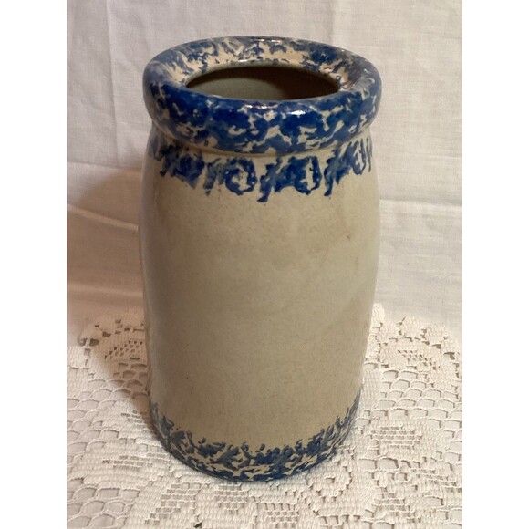 Sponge Ware Utensil Crock Vase Jar Decorated With Blue Design & Hearts 8" Tall - Picture 3 of 9